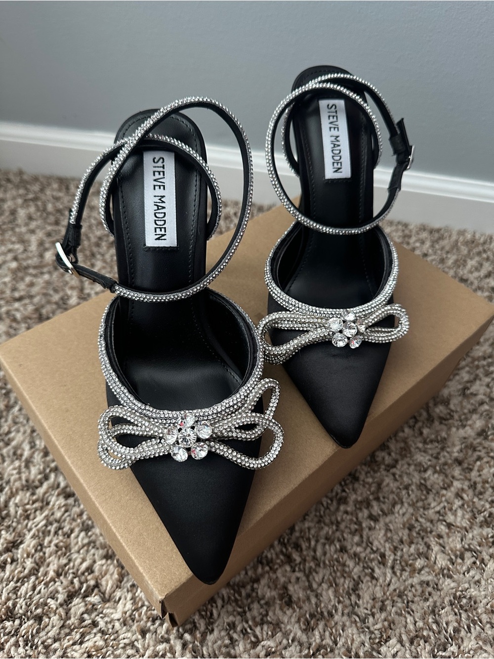 Steve Madden Black Satin Pointed-Toe Heels with Crystal Bow